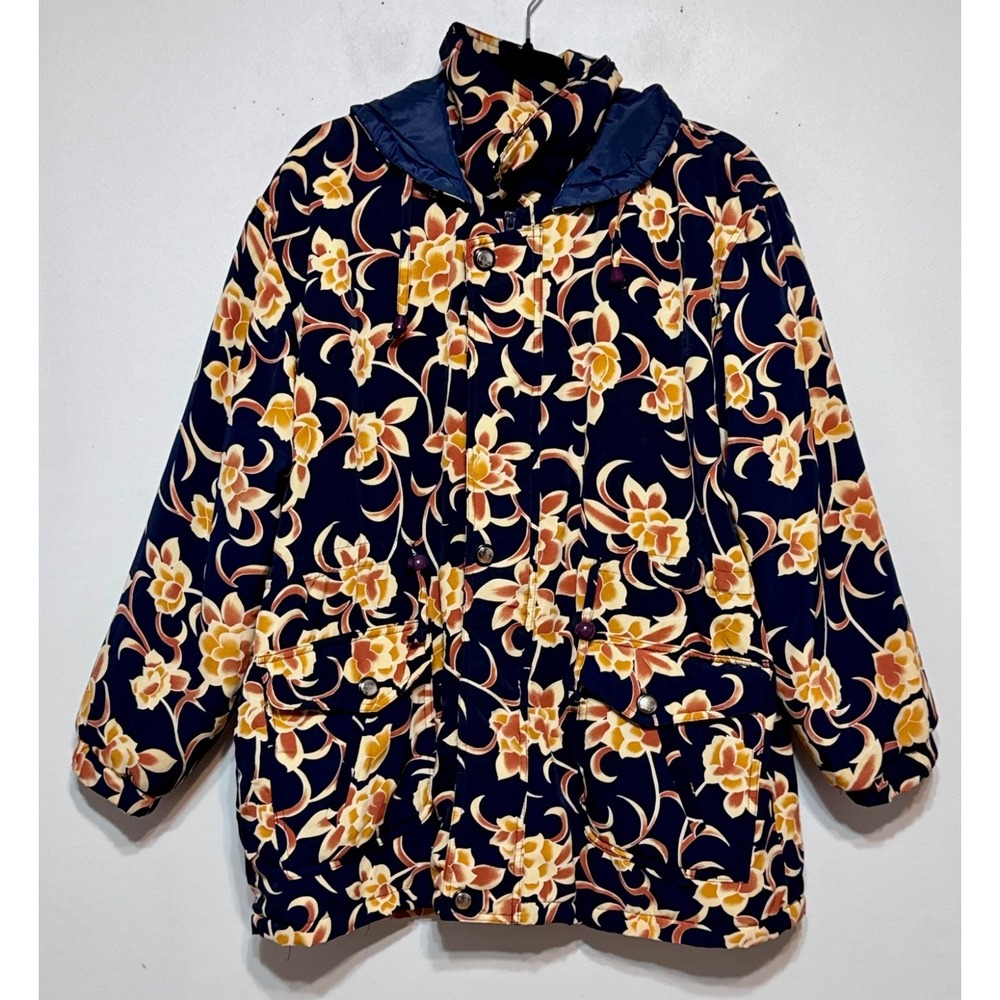 Vintage Ocean Top Y2K Floral Hooded Puffer Jacket Womens XL Fallcore Cottagecore